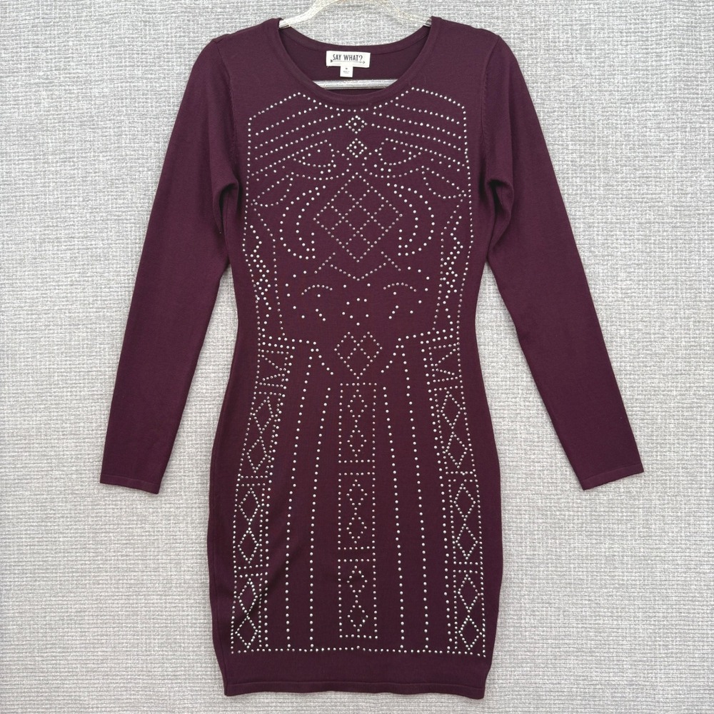 SAY WHAT? Womens Sweater Dress Burgundy Studded Geometric Long Sleeve Sz M Party